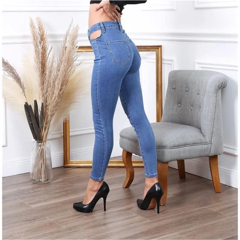 Damen High Waist Röhrenjeans mit Cut-Outs Blau
