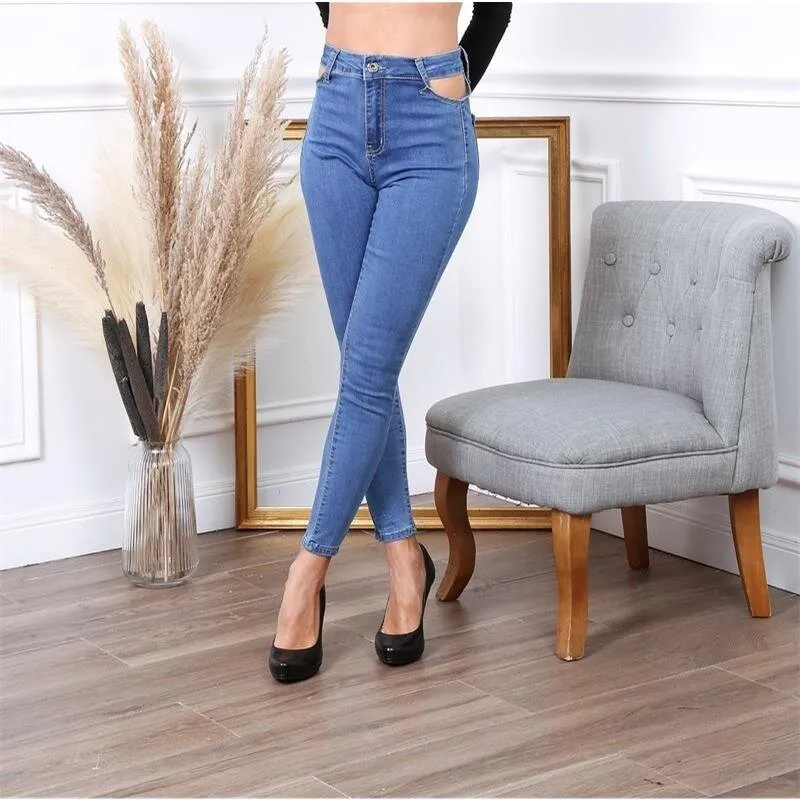 Damen High Waist Röhrenjeans mit Cut-Outs Blau